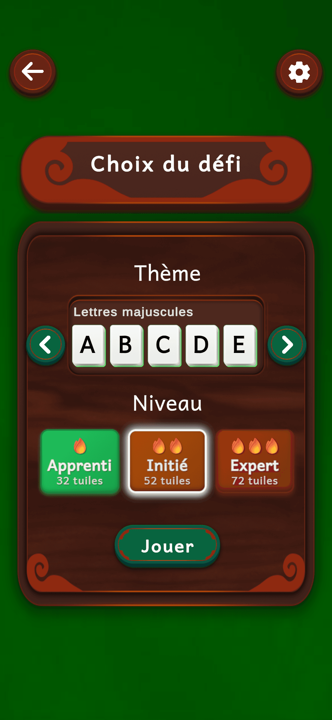 Choix du défi - Sélection des niveaux de difficulté