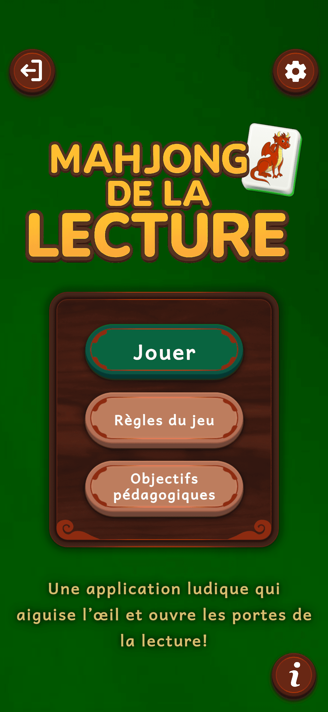 Menu principal - Interface d'accueil du Mahjong de la lecture